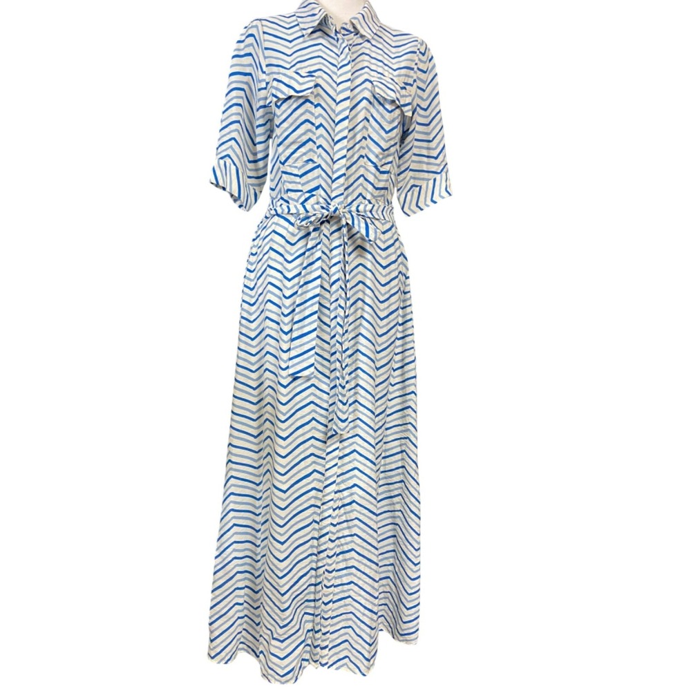 Wild Pony Shirt Dress Womens M Blue Chevron Belted Collared Button Front Maxi